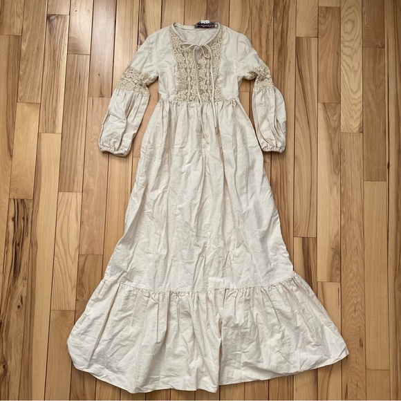 Vintage Young Edwardian Cream Canvas Prairie Bohemian Maxi Dress With Lace - Picture 2 of 9